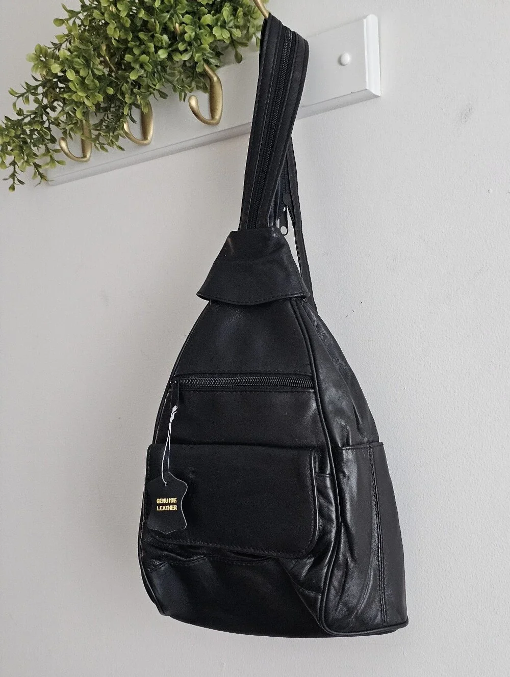 Black Genuine Lambskin Leather Sling Backpack Convertible Shoulder Bag